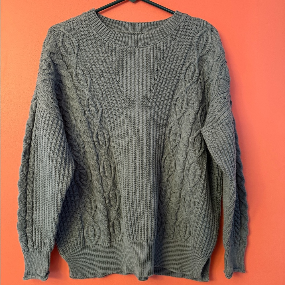 Aeropostale Women's Green/Gray Cable Knit Crewneck Sweater